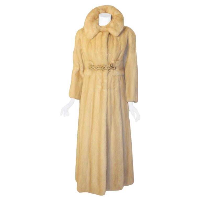 Galanos late 1960s full Length White Mink Coat with Toggle Self Belt For Sale