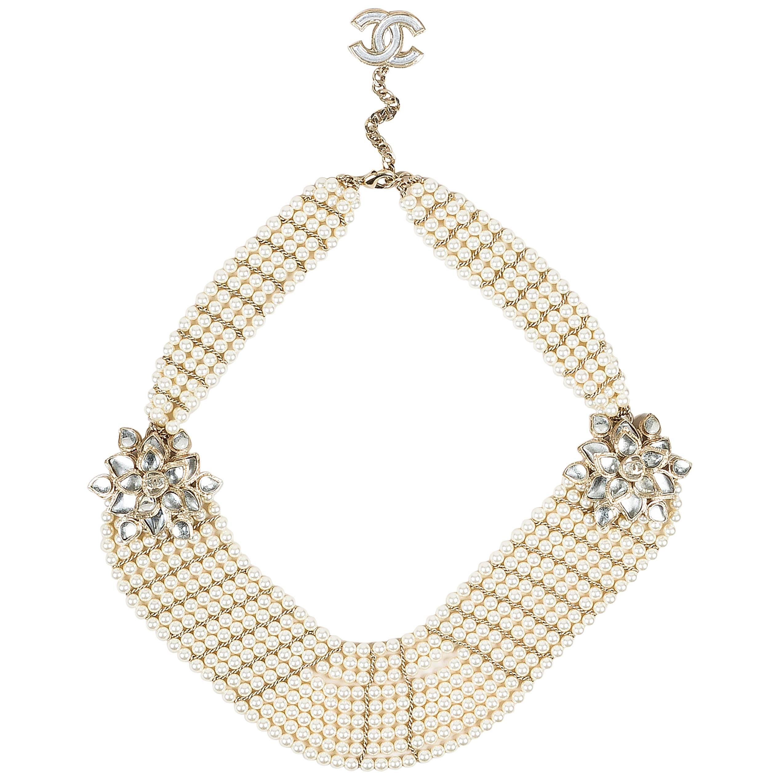 Chanel 12A Gold Tone Faux Pearl Glass Stone 'CC' Flower Pedant Bib Necklace For Sale