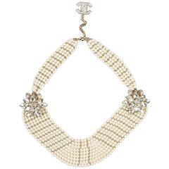 Chanel 12A Gold Tone Faux Pearl Glass Stone 'CC' Flower Pedant Bib Necklace