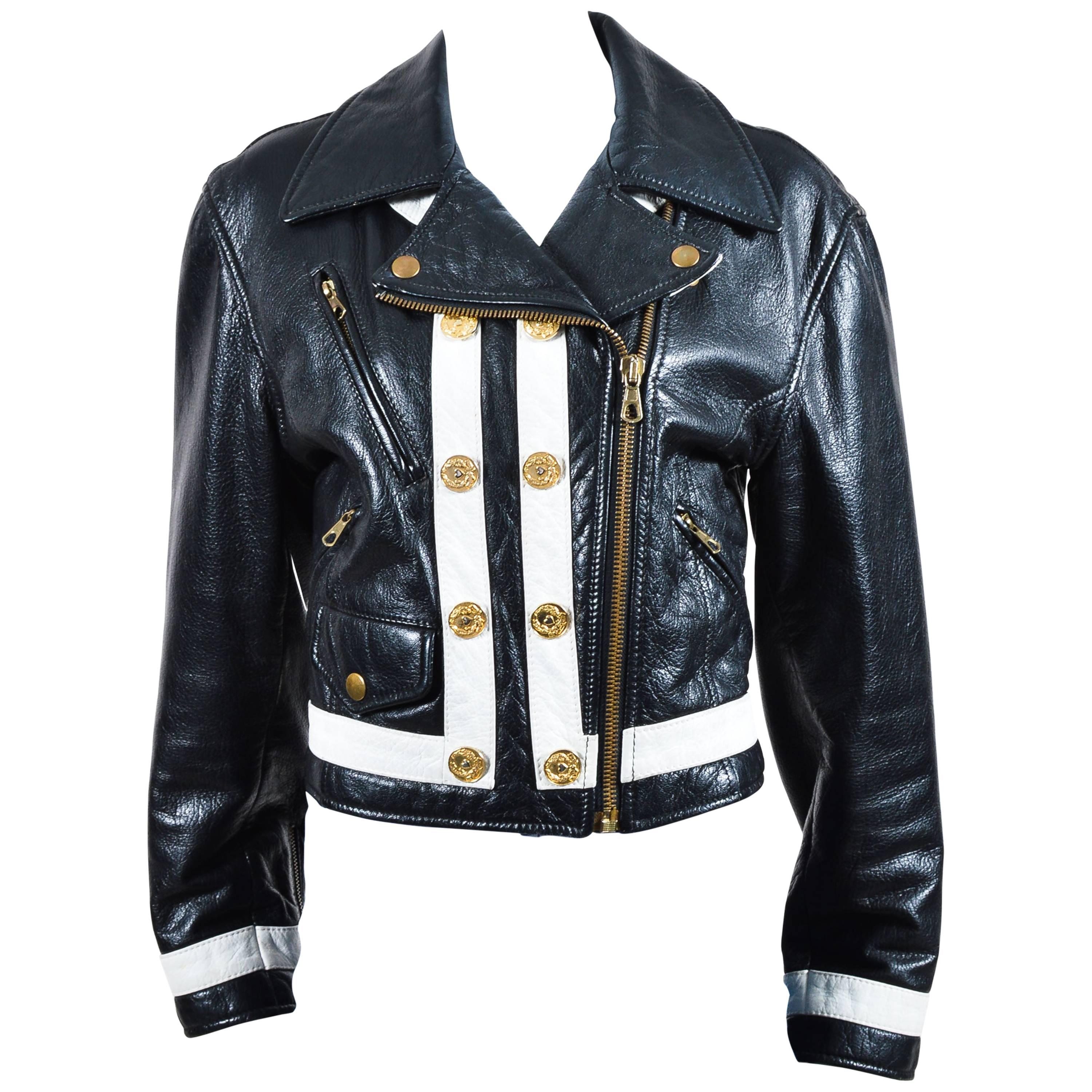 Moschino Cheap and Chic Black White Leather Striped Moto Jacket Sz 12 For Sale