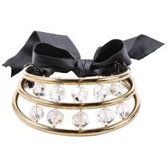 Lanvin Gold Tone Black Crystal Bead Ribbon Tie Statement Collar Necklace