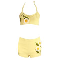 Classic 1950s DeWeese Designs Pale Yellow Bikini with Daisy Appliques 