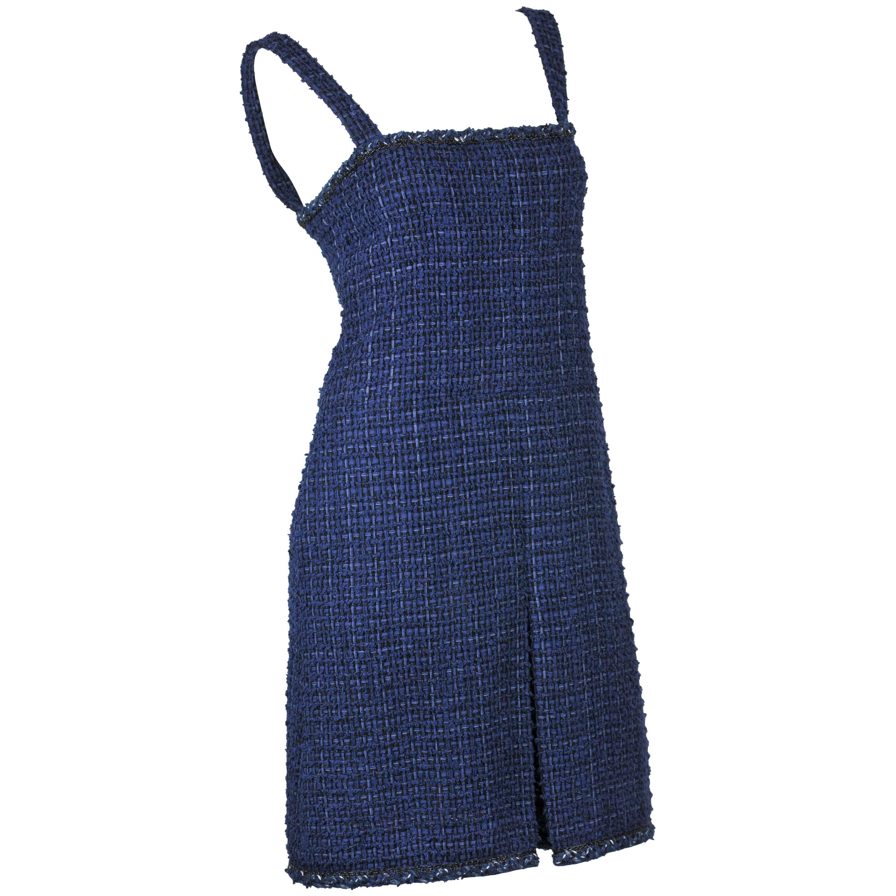 Chanel 2014 Blue and Black Fantasy Tweed Boucle Dress With Shoulder Straps FR 38