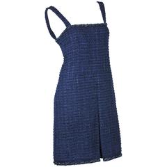 Vintage Chanel 2014 Blue and Black Fantasy Tweed Boucle Dress With Shoulder Straps FR 38