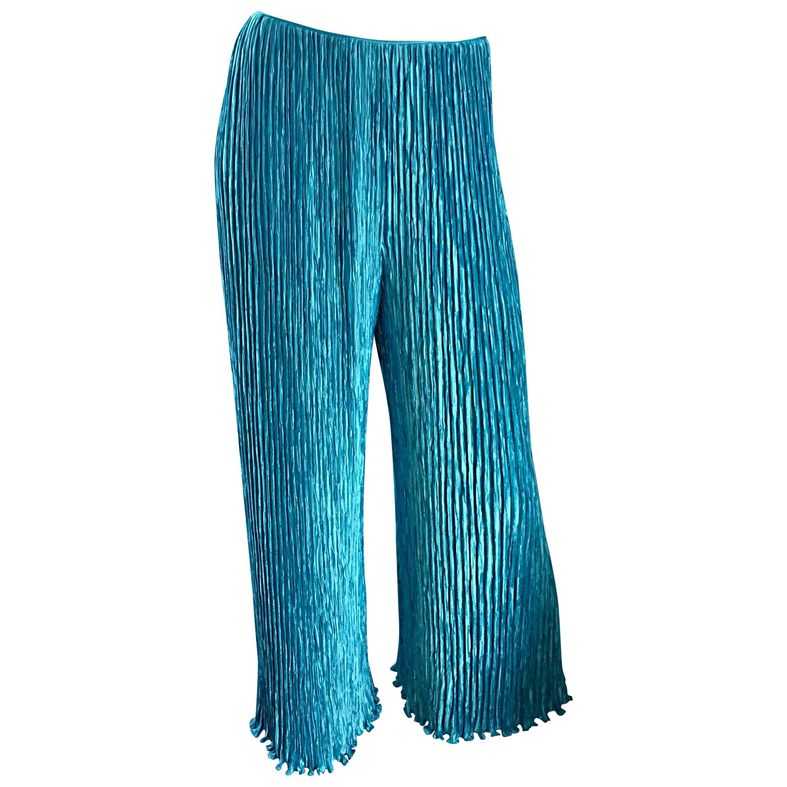 Vintage Mary McFadden Couture Turquoise Blue Silk Fortuny Pleated Palazzo Pants