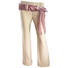 Vintage 1990s Chloe by Stella McCartney Khaki Beige Wide Leg Pink Belted Low Rise Pants