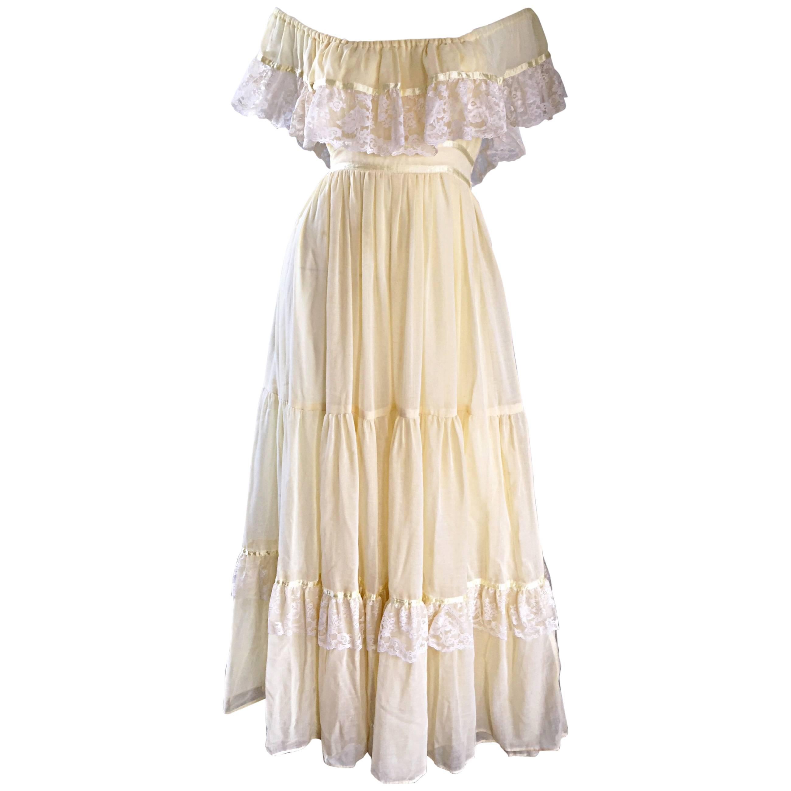 1970s Vintage Yellow Cotton Voile + Lace Off - Shoulder Peasant Boho Maxi Dress For Sale
