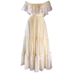 1970 Vintage Yellow Cotton Voile + Lace Off - Shoulder Peasant Boho Maxi Dress