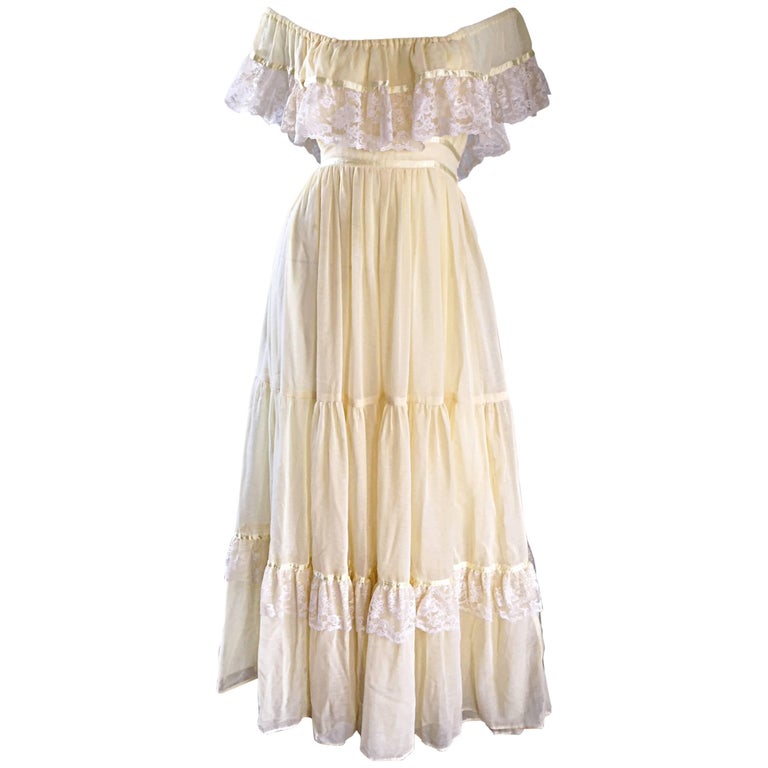 1970s Vintage Yellow Cotton Voile Lace Off Shoulder Peasant Boho Maxi Dress For Sale at 1stDibs cotton boho maxi dress 70s off the shoulder dress off shoulder peasant dress