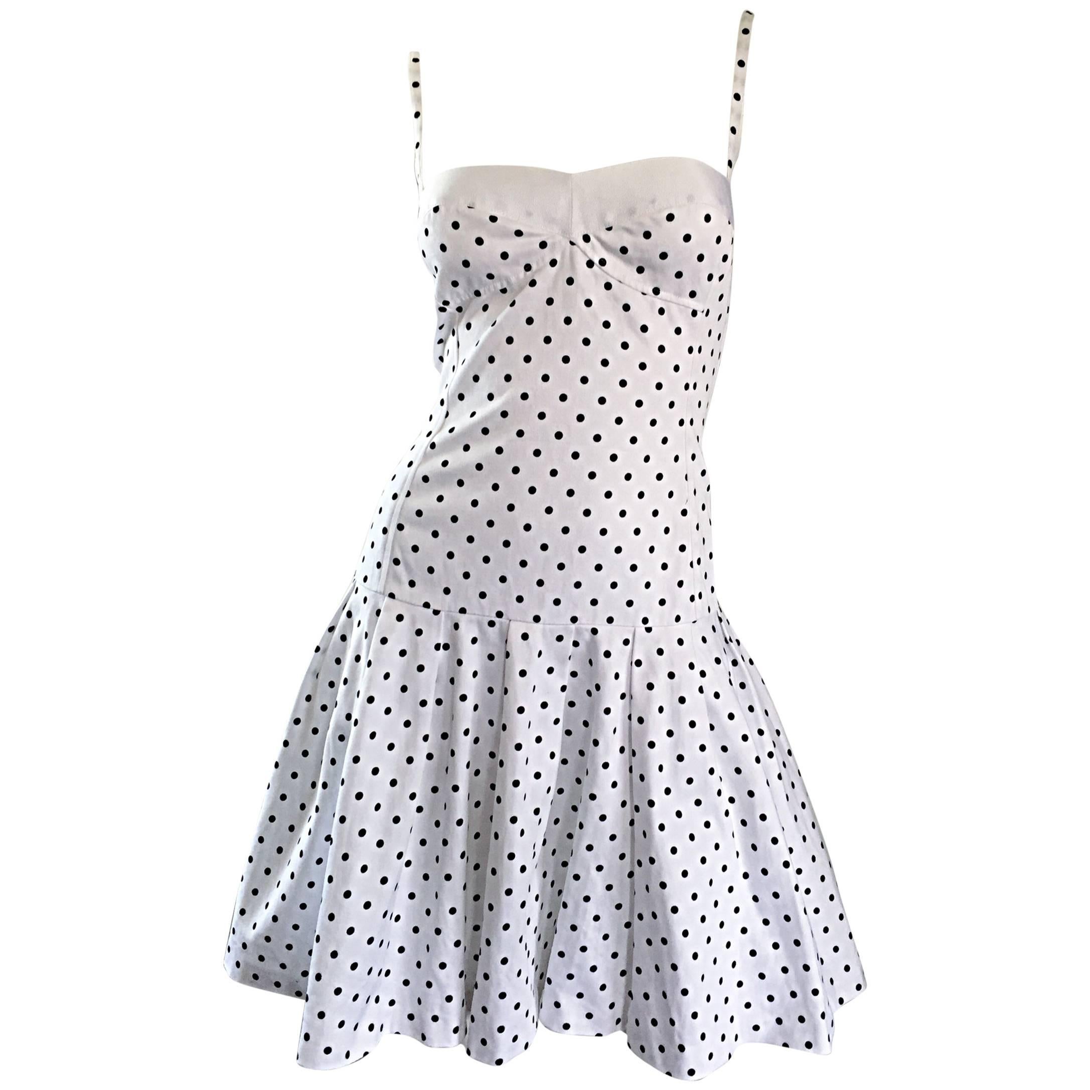 Enrico Coveri 1980s Vintage White & Black Polka Dot Cotton Fit & Flare Dress For Sale