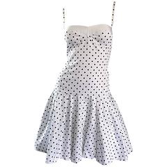 Enrico Coveri 1980s Vintage White & Black Polka Dot Cotton Fit & Flare Dress