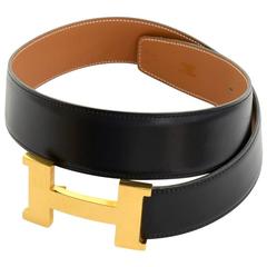 Hermes Black x Beige Leather x Gold Tone Constance 42mm Belt Size 75