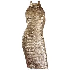 Incredible 1960s Joseph Magnin Gold Sequin Vintage 60s Open Back Wiggle Dress