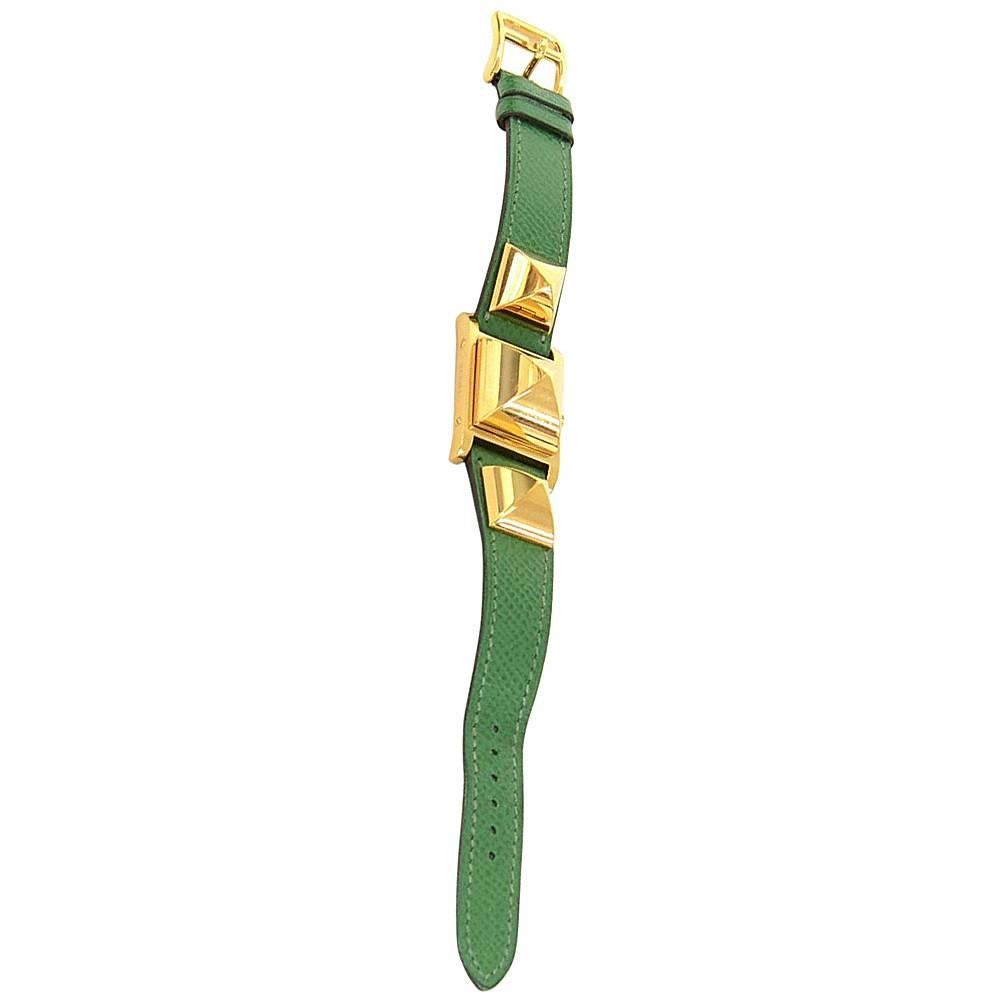 Hermes Medor PM Green Leather x Gold Tone Wrist Watch + Case