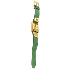 Vintage Hermes Medor PM Green Leather x Gold Tone Wrist Watch + Case