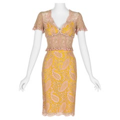  Chloé Karl Lagerfeld  Pink Yellow Lace Top & Skirt Set, 1990s