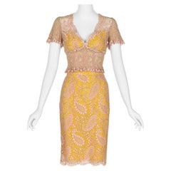 Chloé Karl Lagerfeld Set top e gonna in pizzo rosa e giallo, anni '90