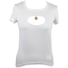 CHANEL Vintage White Cotton T SHIRT Crewneck TEE Top w/ CUT OUT Front Sz 36