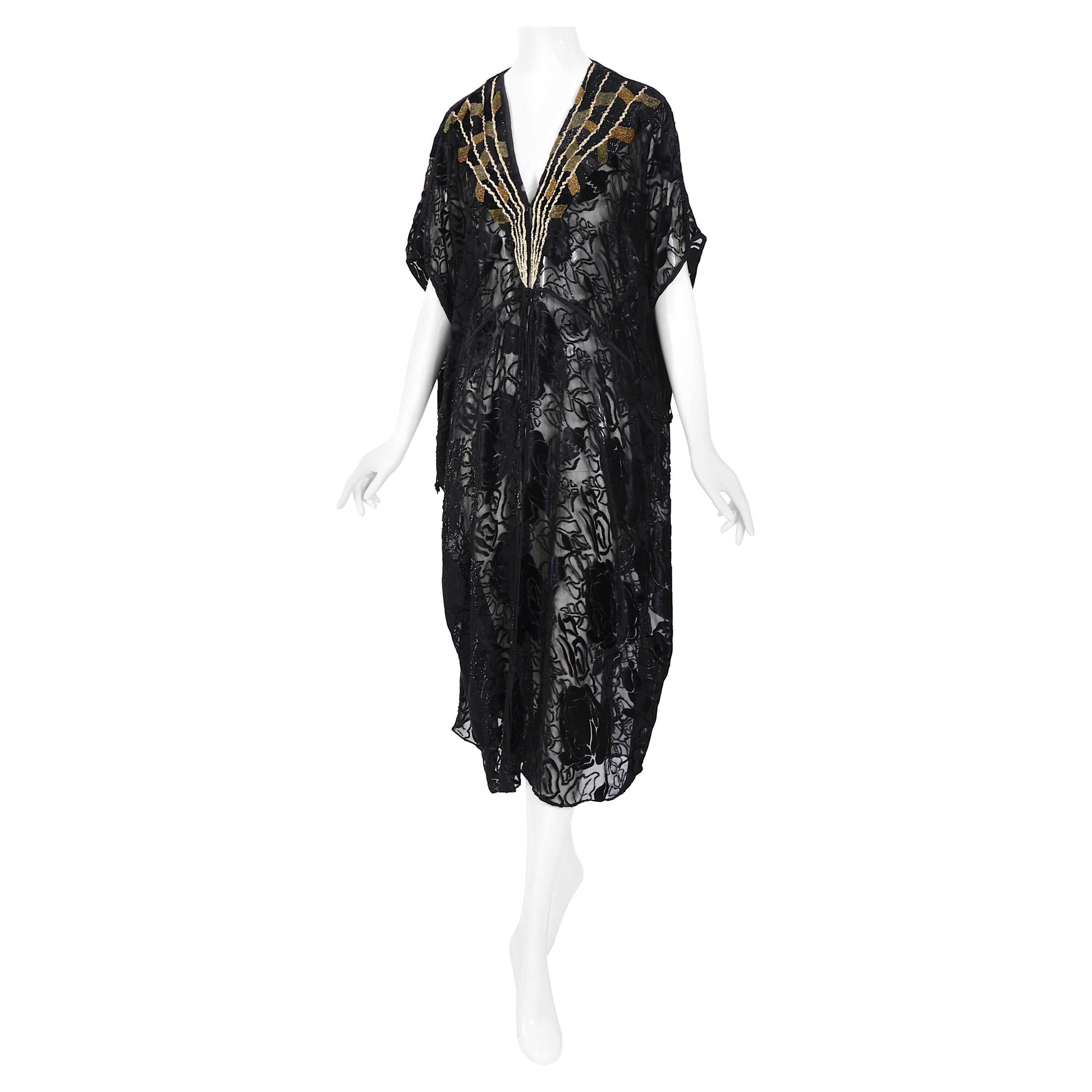 Title: Thea Porter couture vintage 1977 black silk cut velvet embroidered abaya 