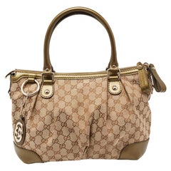 Gucci Beige/Green GG Canvas and Leather Sukey Tote