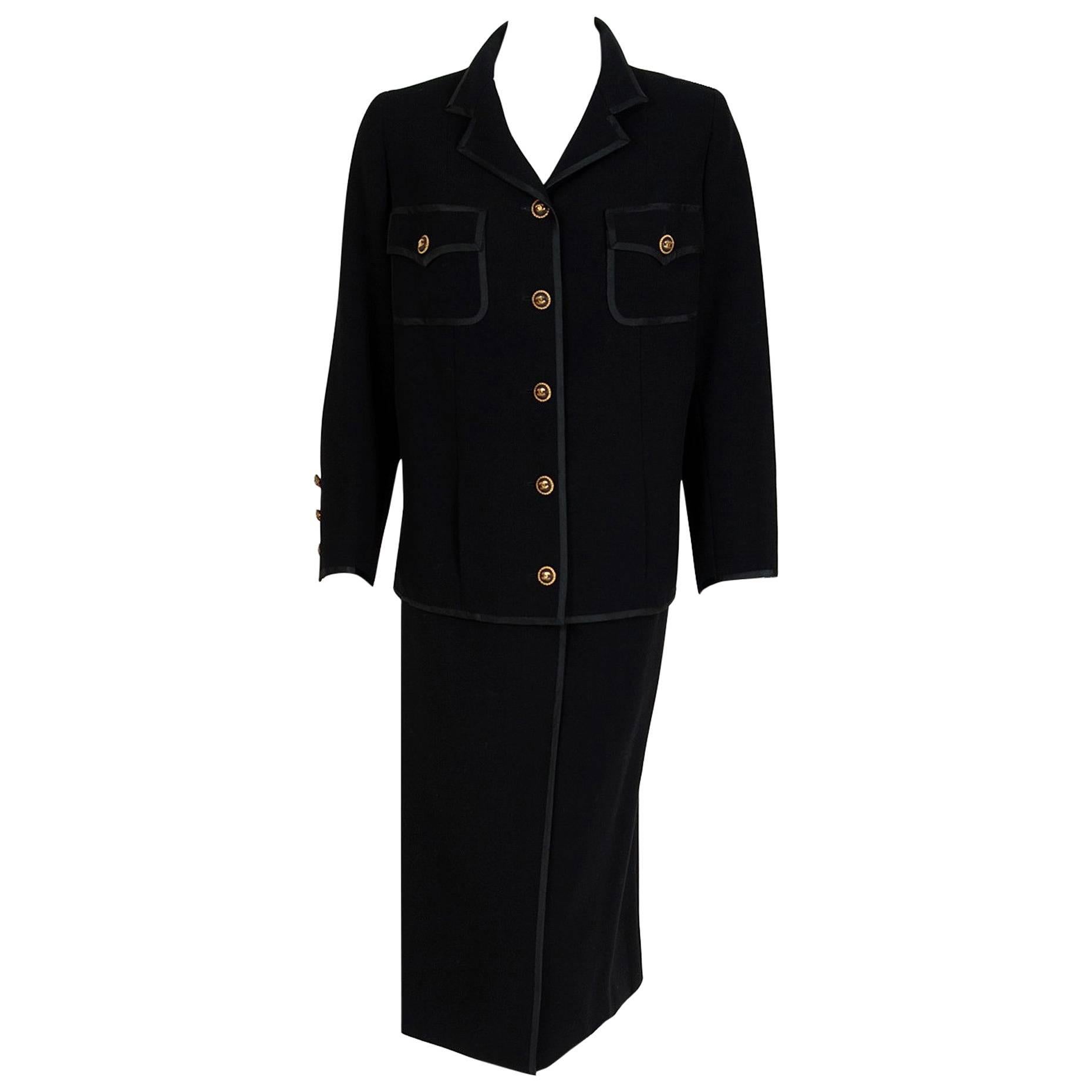 1968 Chanel Haute-Couture Black Silk-Faille Larger Size Skirt & Jacket Suit