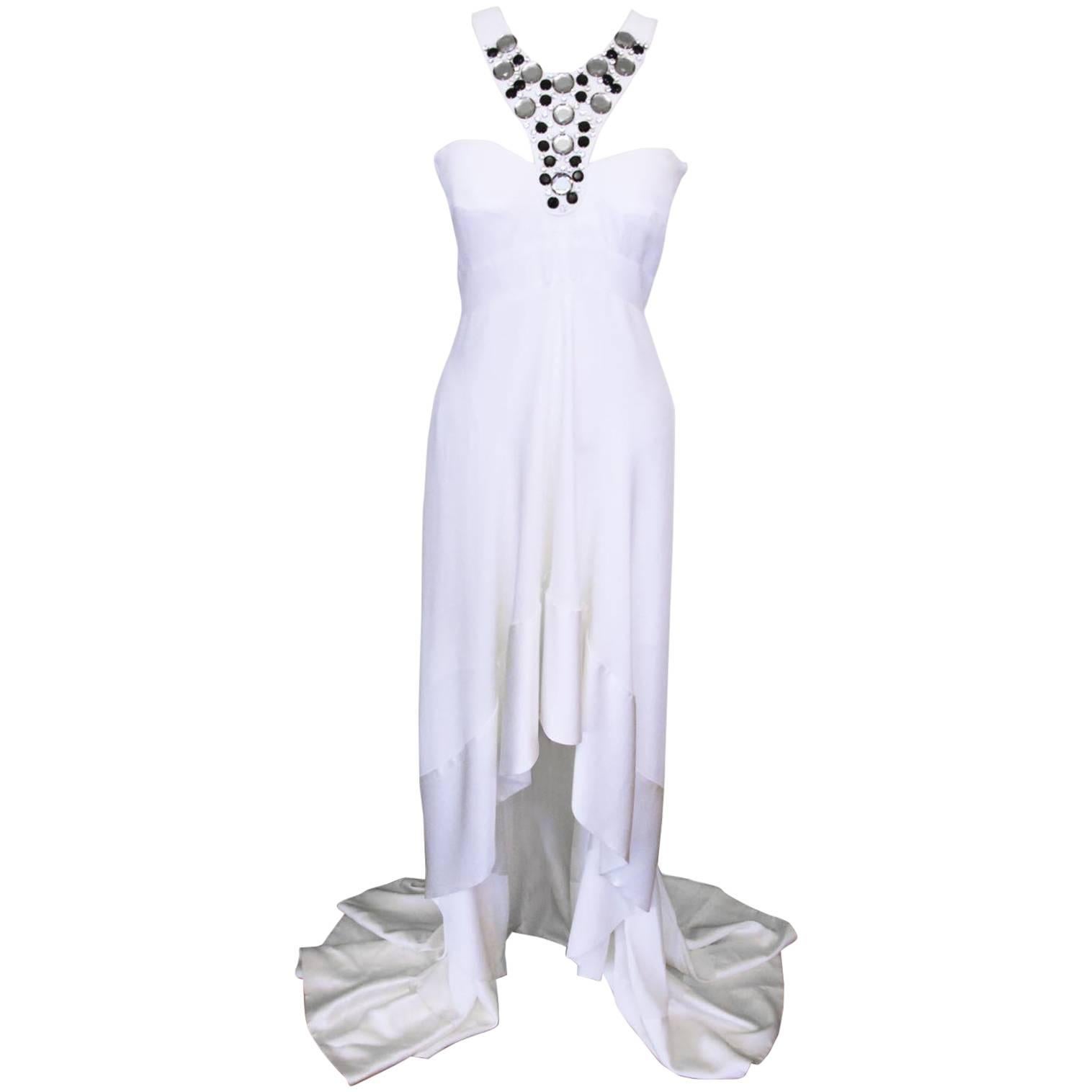 New Versace White Jeweled Halter Evening Gown with Train For Sale