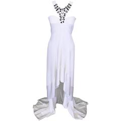 New Versace White Jeweled Halter Evening Gown with Train