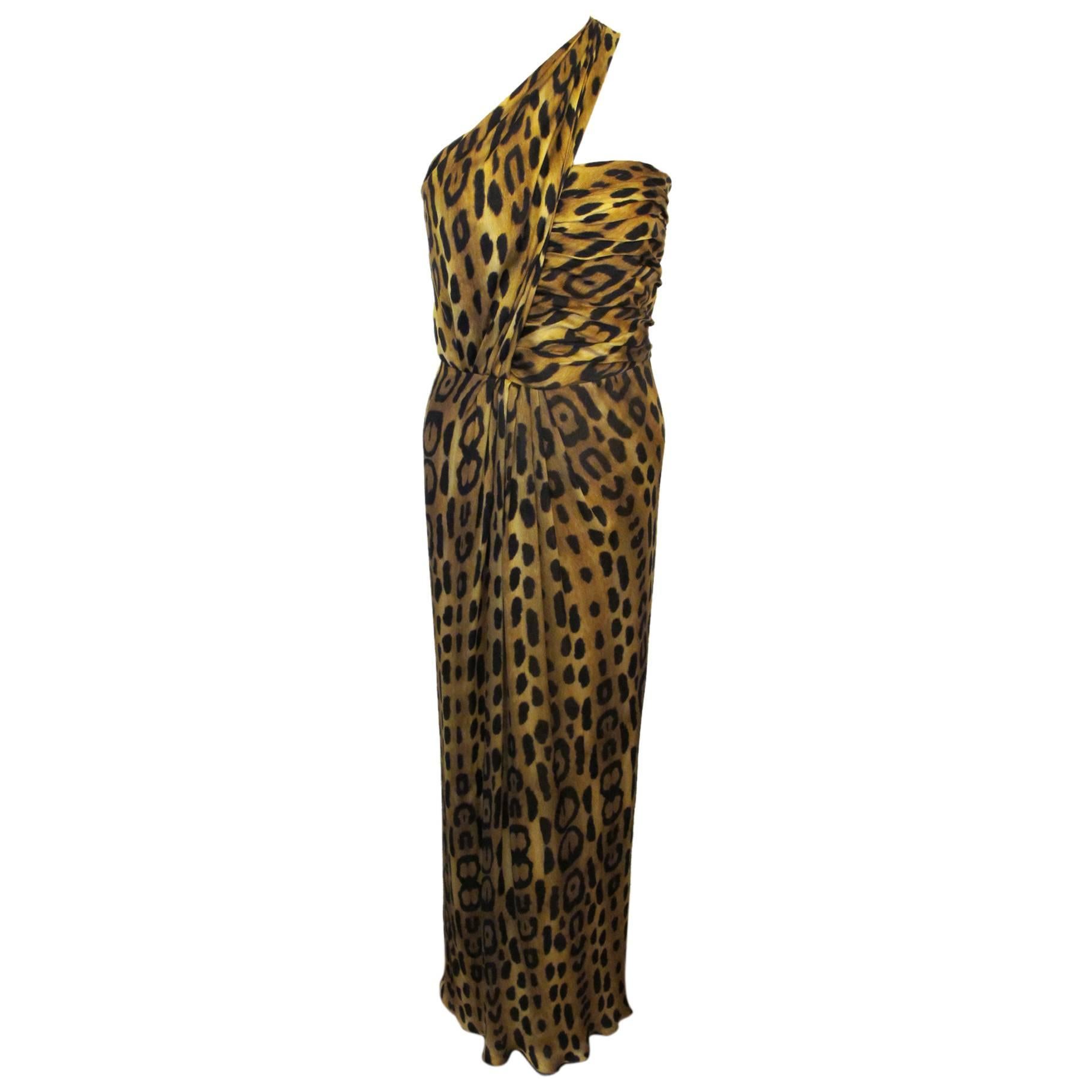 Oscar de la Renta One Shoulder Leopard Print Evening Gown For Sale