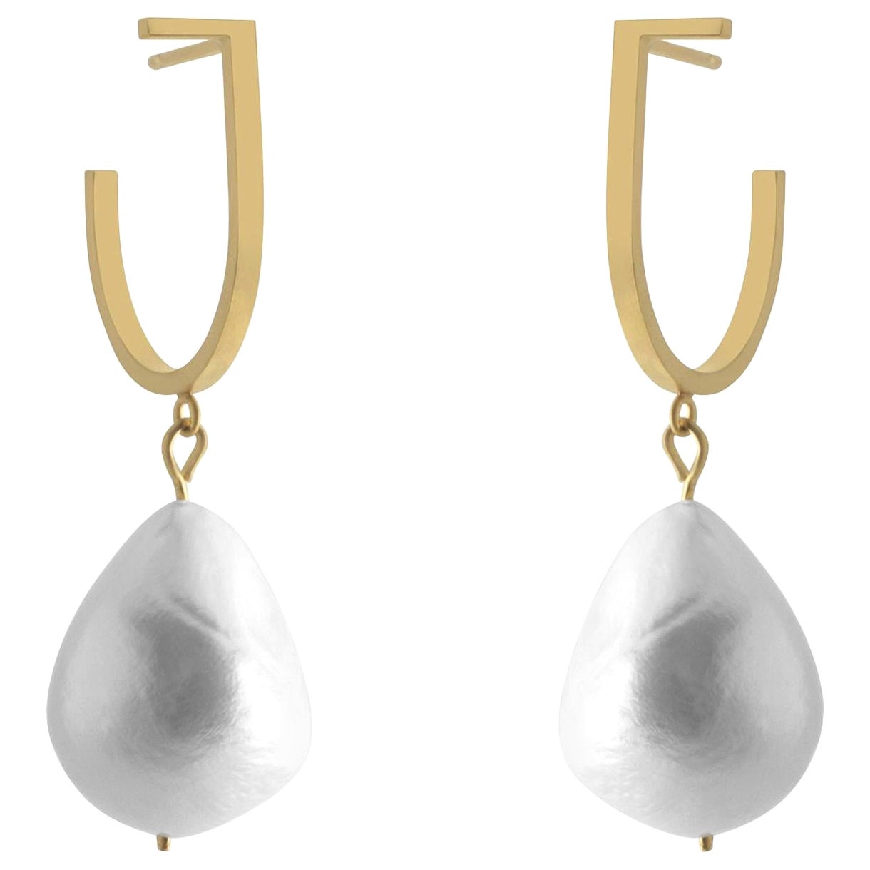 Sterling Silver Gold-Plated Hoop Baroque Pearl Dropping Earrings For Sale
