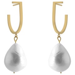 Sterling Silver Gold-Plated Hoop Baroque Pearl Dropping Earrings