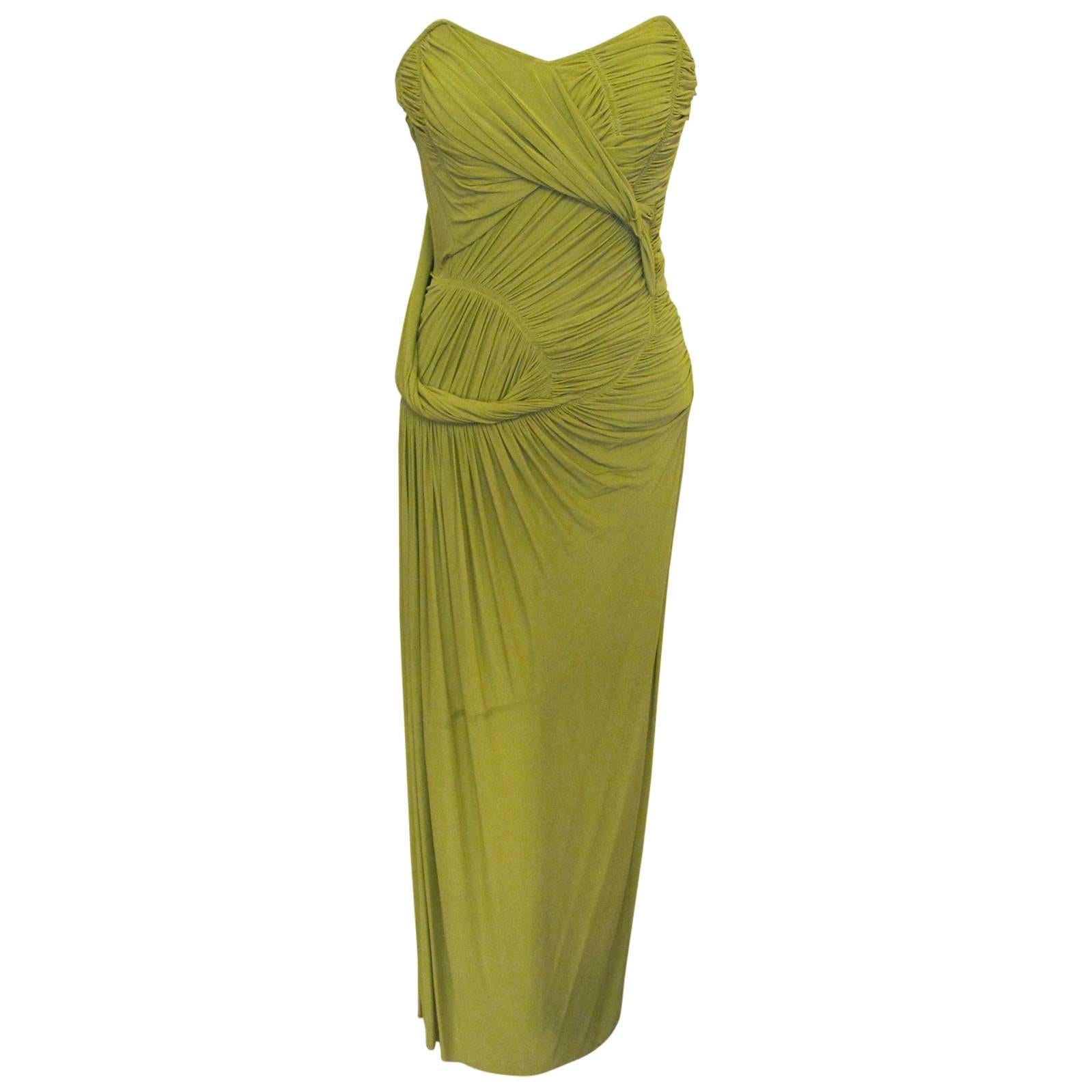 New Donna Karan Citrus Green Matte Crepe Goddess Gown For Sale