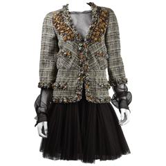 Chanel 2007A Demi Couture Brown TweedJacket/ Dress with Lambskin Flowers  FR 42