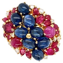 Sapphire Ruby and Diamond Modernist Gold Cocktail Cluster Ring
