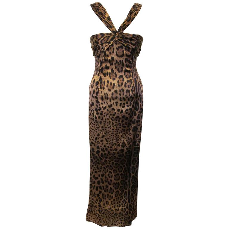 Dolce and Gabbana Leopard Print Halter Evening Gown For Sale at 1stDibs