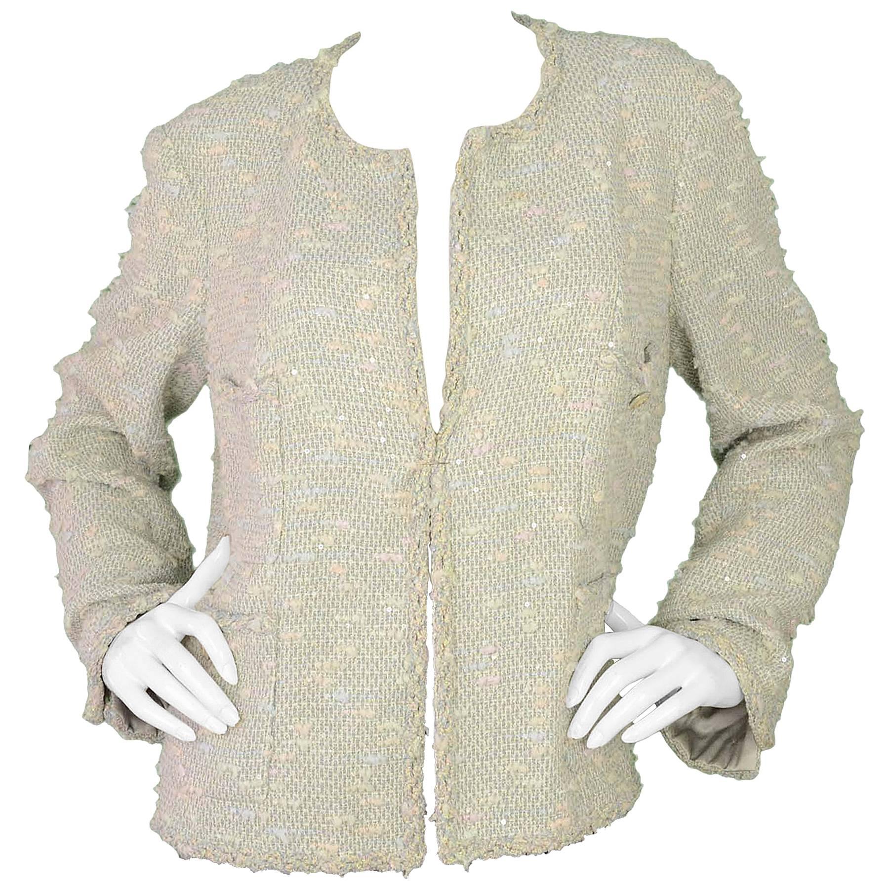 Chanel Pastel Blue Tweed Open Front Jacket sz 50