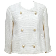CHANEL Tweed Jacket Coat White Pearl 3/4 Sleeve Double Breasted 2013 13S Sz 34