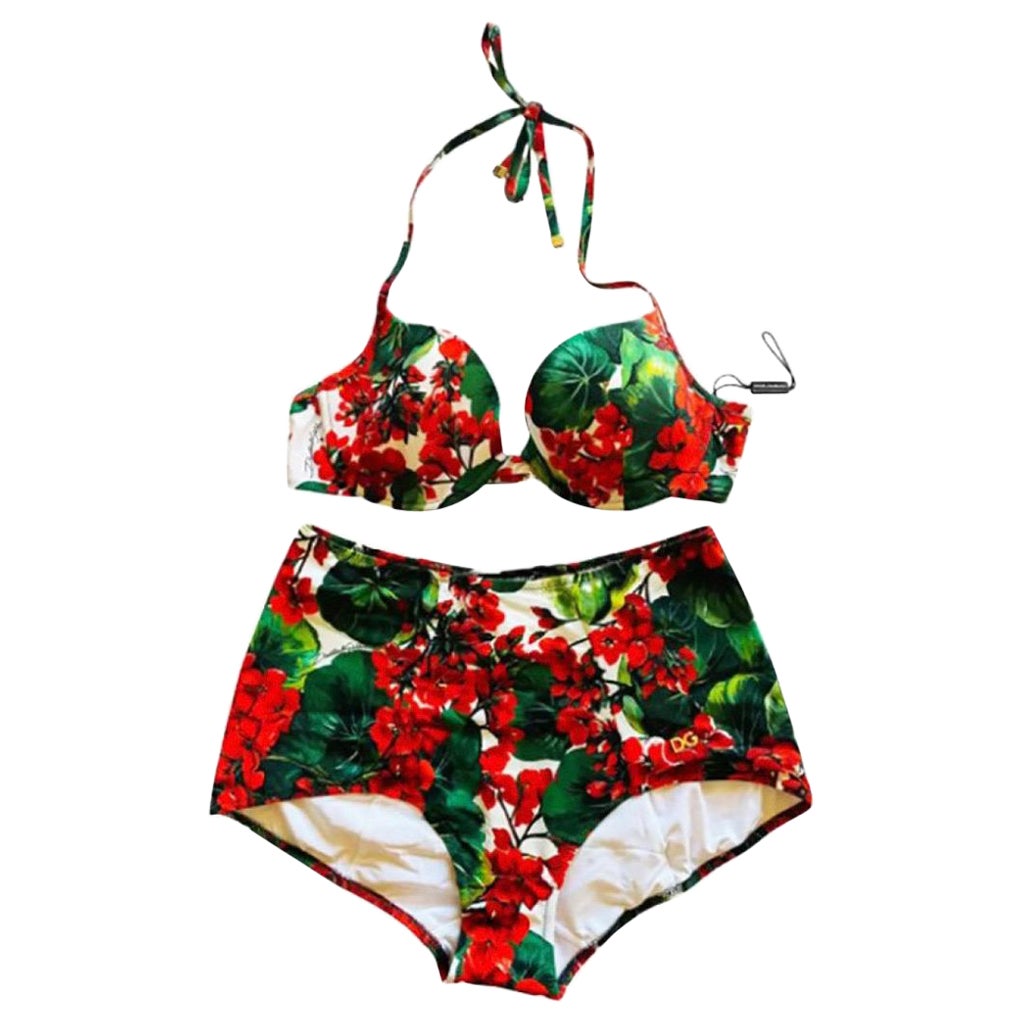 Dolce and Gabbana beachwear bikini set in RED GERANIUM brightly-coloured  print For Sale at 1stDibs