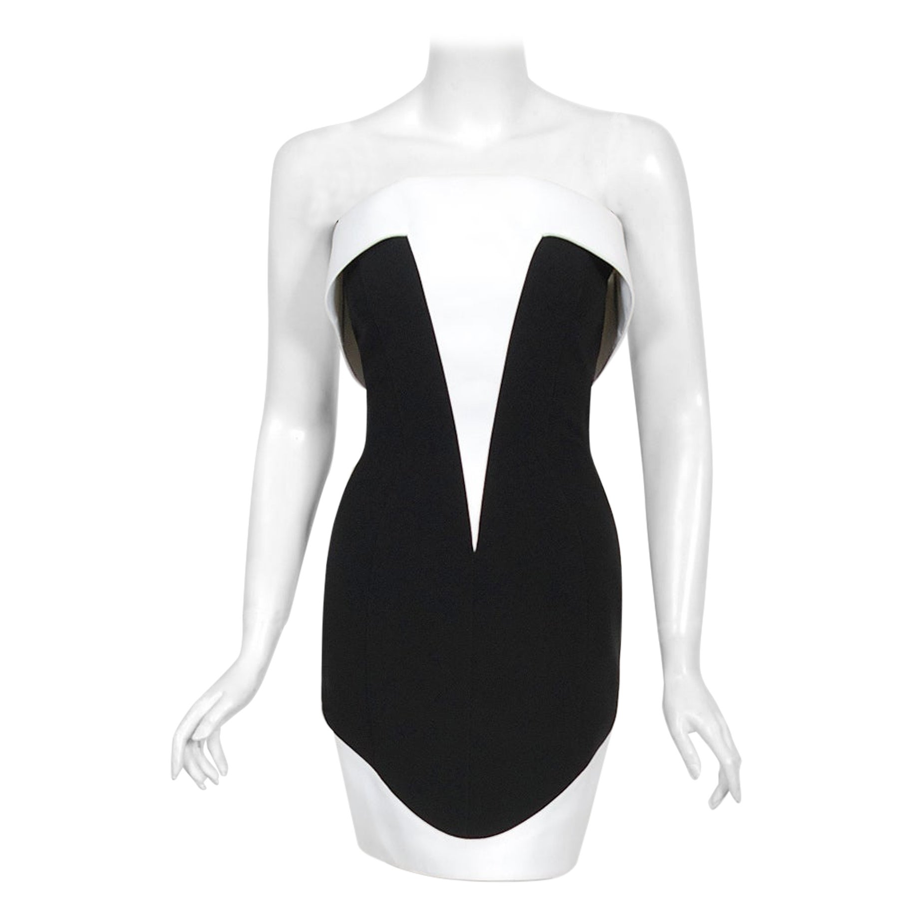 1996 Thierry Mugler Couture Archival Black White Futuristic Strapless Mini Dress For Sale