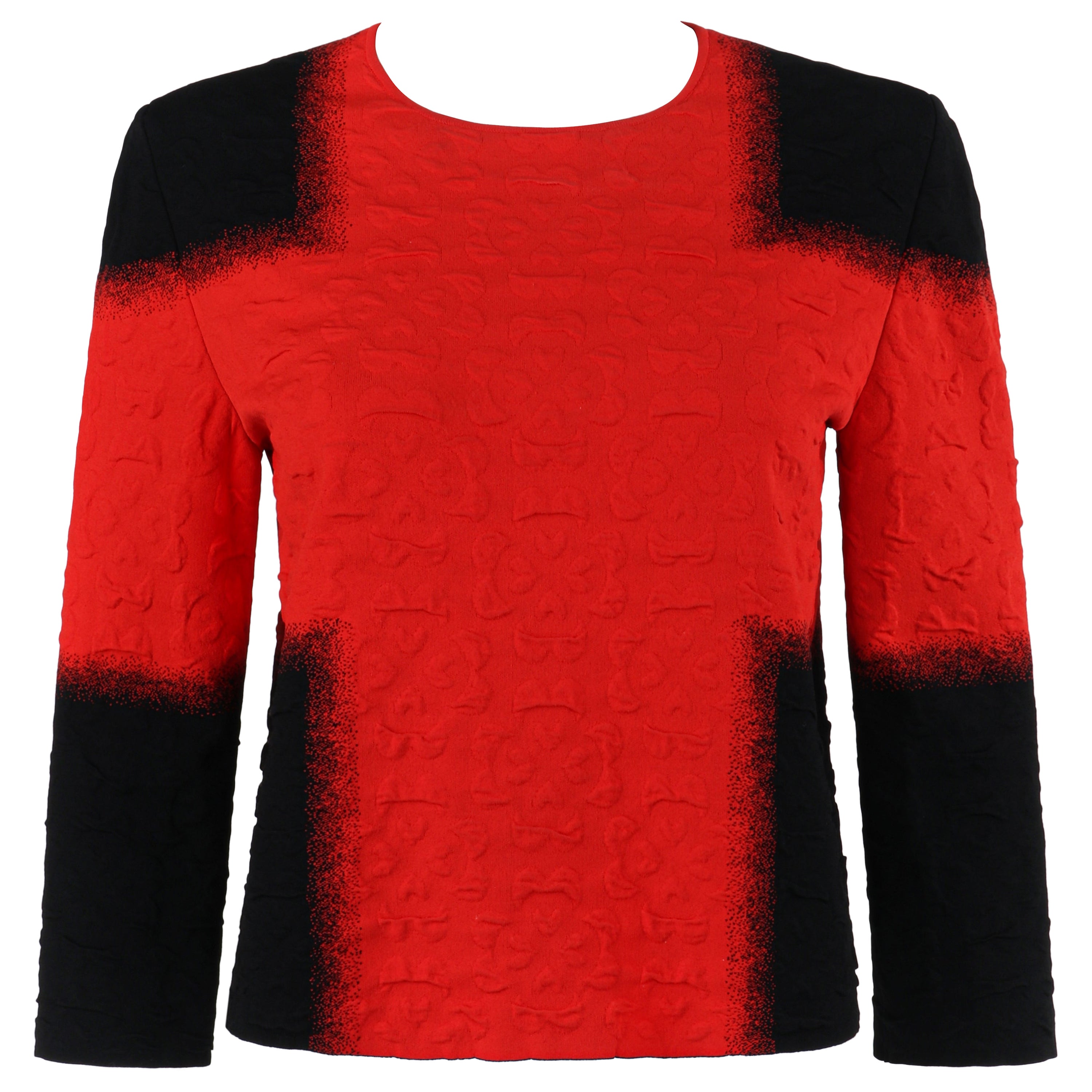 ALEXANDER McQUEEN Resort 2015 Black Red Embossed Stretch Knit Colorblock Top  For Sale
