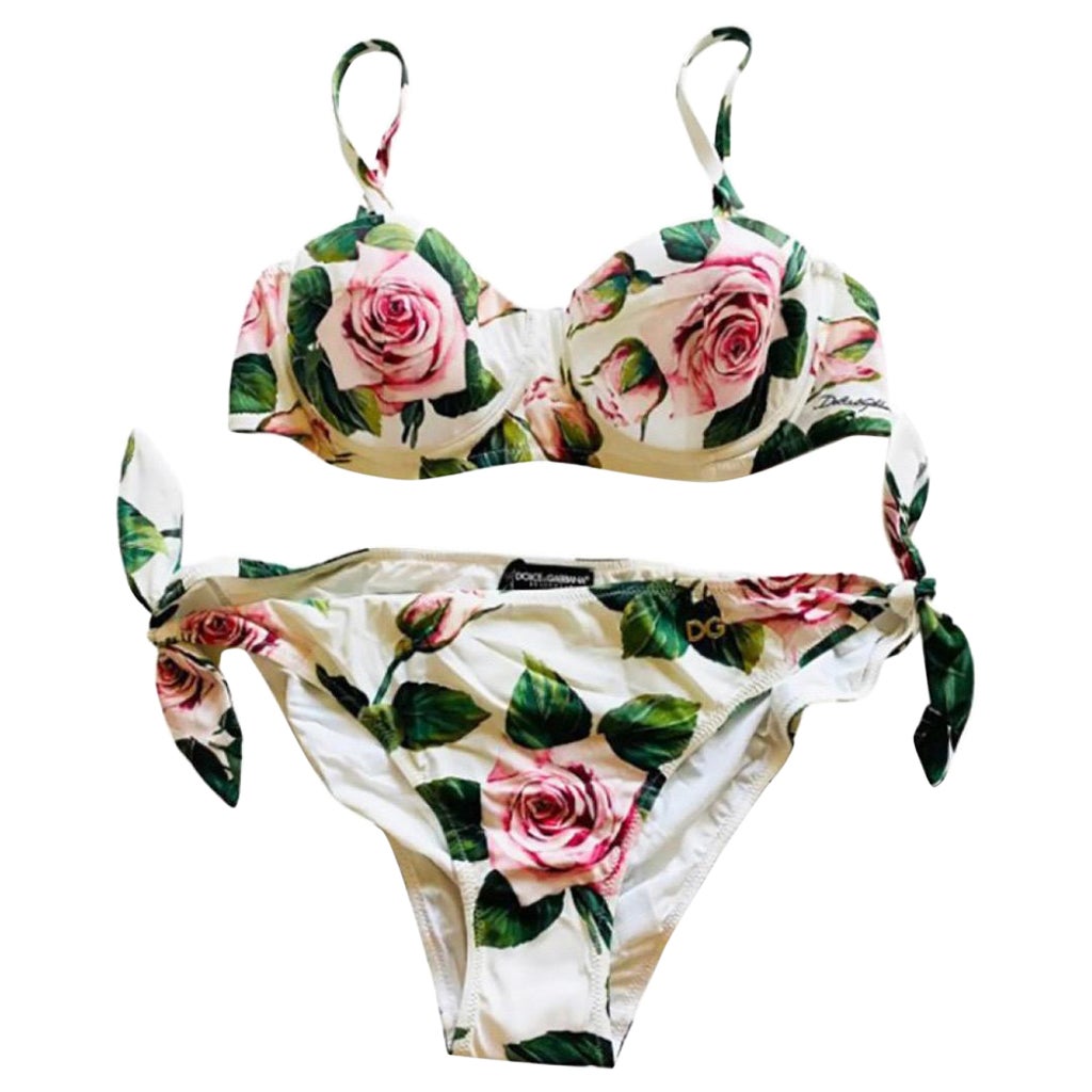 Dolce & Gabbana white rose floral bikini top and bottoms set  For Sale