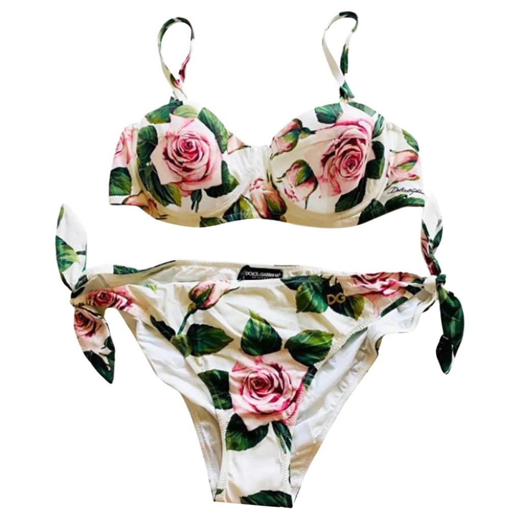 Dolce & Gabbana white rose floral bikini top and bottoms set  For Sale