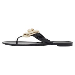 Used Chanel Black Jelly Camellia Embellished Thong Sandals Size 41