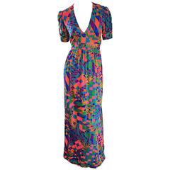 Rare 1970s ' Dear ' Designer Colorful Abstract Geometric Op - Art 70s Maxi Dress 11
