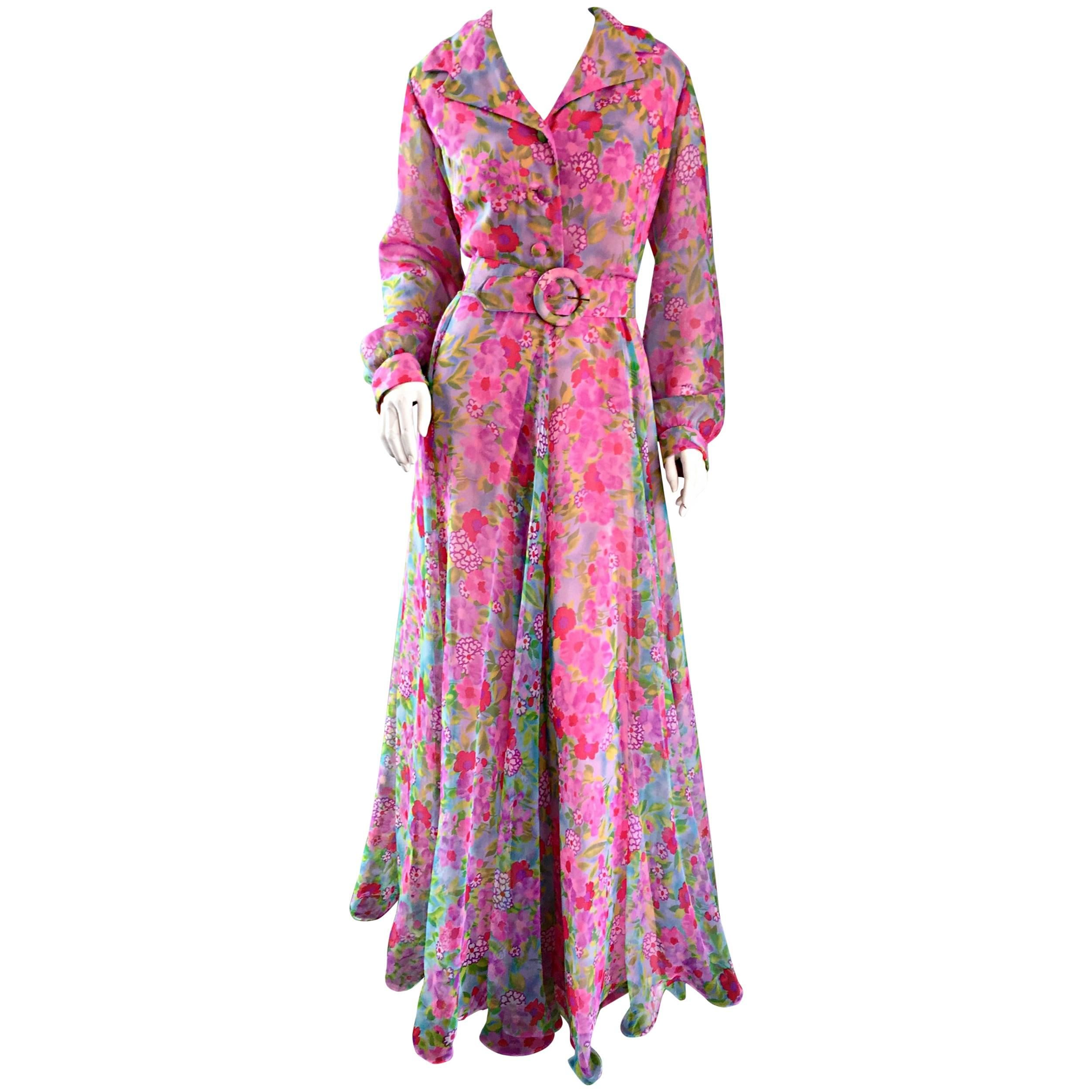 1970s Elliette Lewis Vintage Pink Chiffon Flower Print Belted Long Sleeve Dress