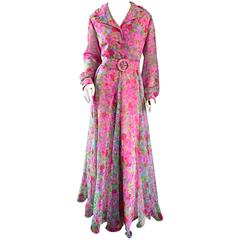 1970s Elliette Lewis Vintage Pink Chiffon Flower Print Belted Long Sleeve Dress 11