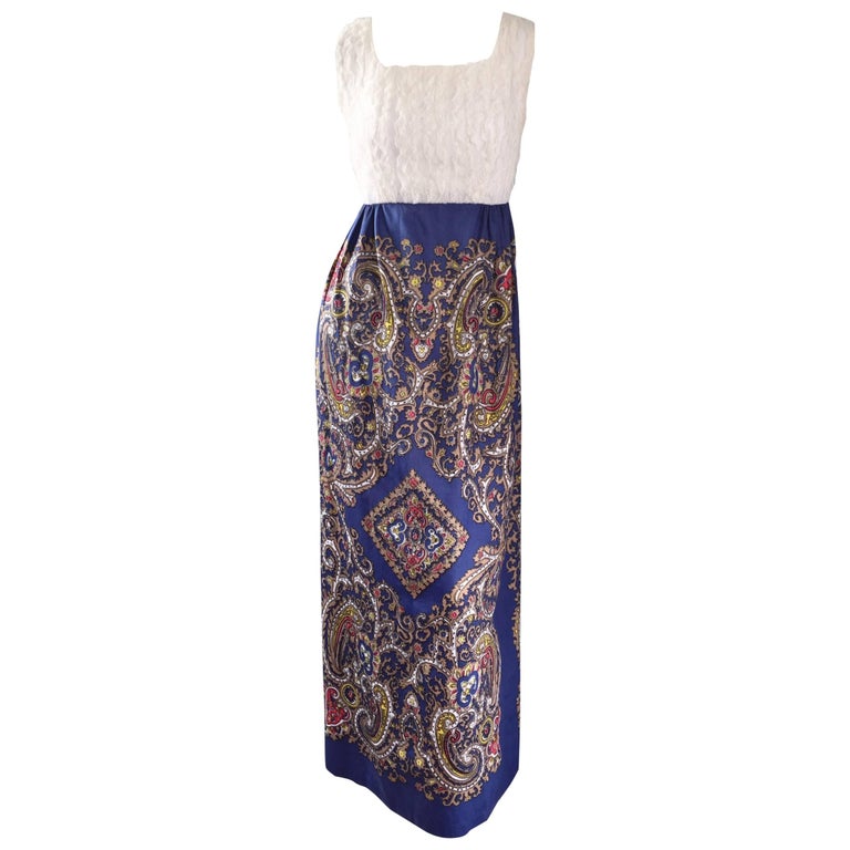 1970s White Silk Lace + Blue Cotton Intricate Paisley Jewel Boho 70s Maxi Dress