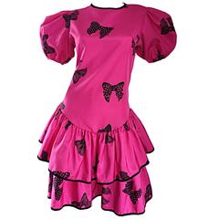 Rare 80s Betsey Johnson Punk Label Hot Pink + Black Bow Print Novelty Dress