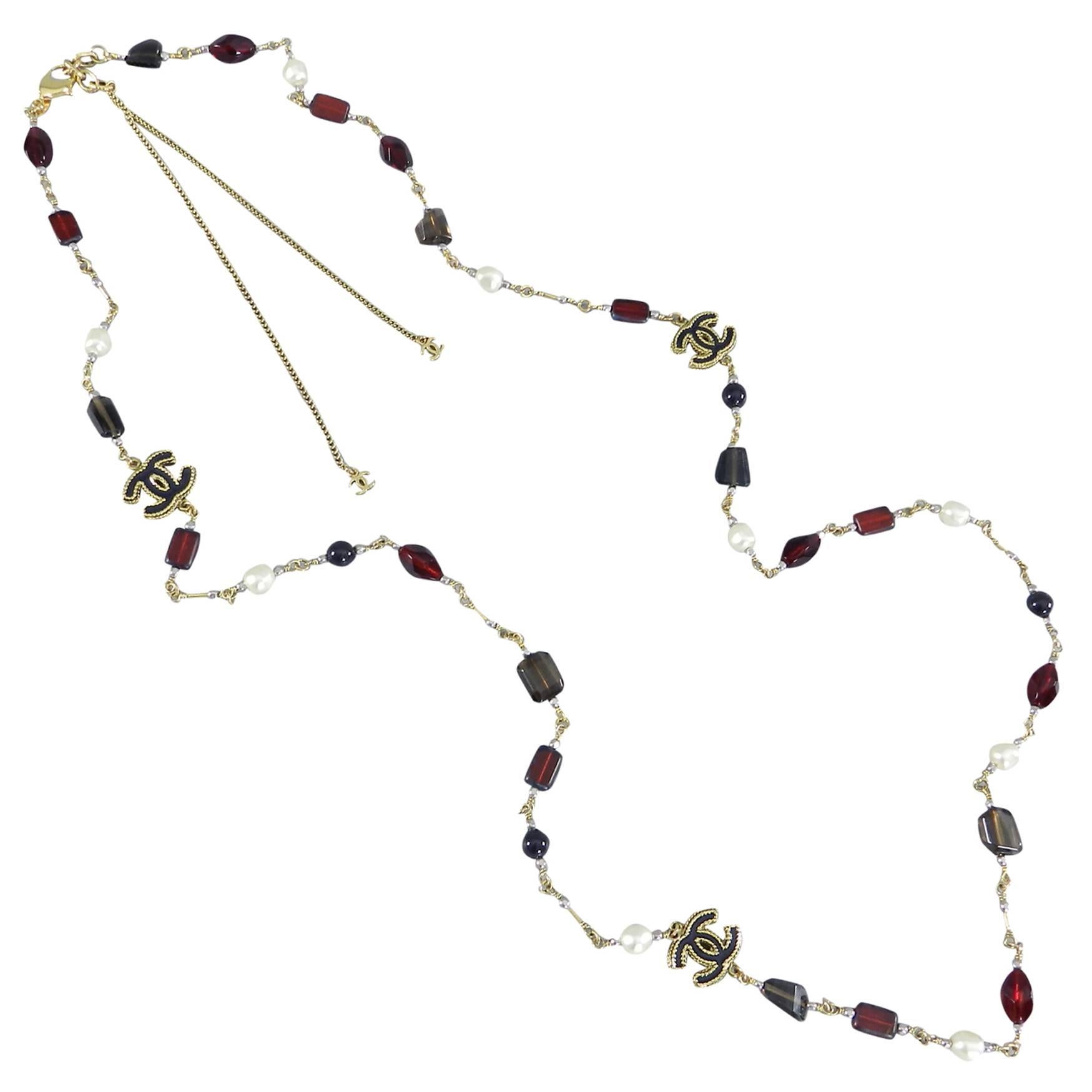 Chanel 11A Byzantine Collection Red Glass and Pearl Sautoir Necklace