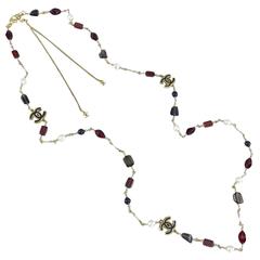 Chanel 11A Byzantine Collection Red Glass and Pearl Sautoir Necklace