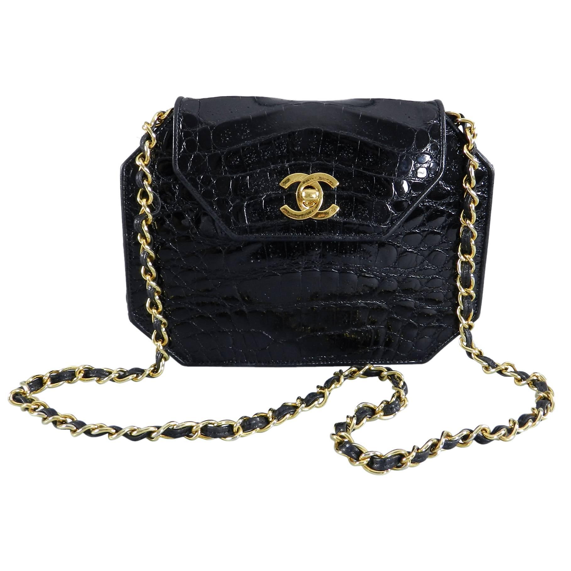 Chanel Black Crocodile Octagonal Purse with Chain Strap